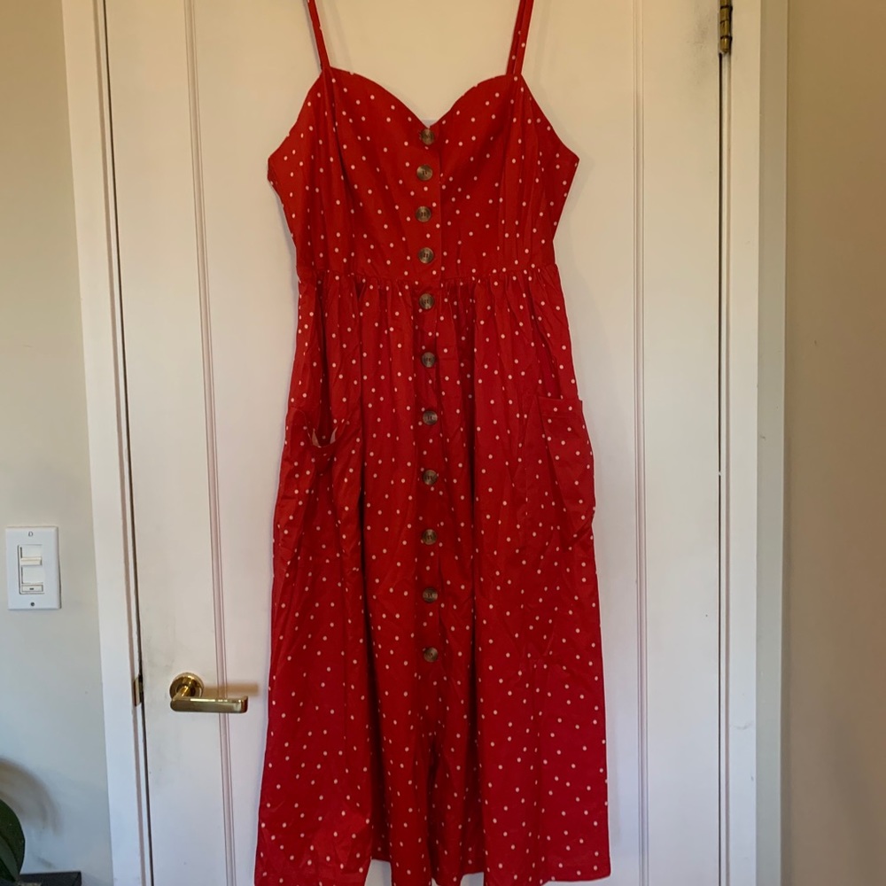 Red PolkaDot Spaghetti Strap Dress & Side Pockets